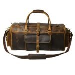 24-Inch Rugged Leather Weekend Duffle Bag, Multi-Pocket Holdall, Dark Cocoa Brown