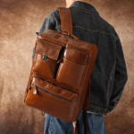 Convertible Full-Grain Leather Backpack Briefcase - Cognac Brown Multi-Pocket Laptop Bag - Image 12