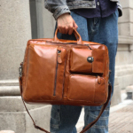 Convertible Full-Grain Leather Backpack Briefcase - Cognac Brown Multi-Pocket Laptop Bag - Image 10