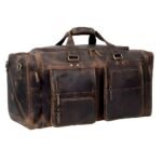 Vintage Distressed Leather Duffle Bag, Large Multi‑Pocket Weekender, Dark Brown