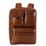 Convertible Full-Grain Leather Backpack Briefcase - Cognac Brown Multi-Pocket Laptop Bag