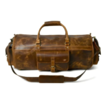Flydigito Rugged Full-Grain Leather Overnight Bag, Vintage Brown Travel Duffle